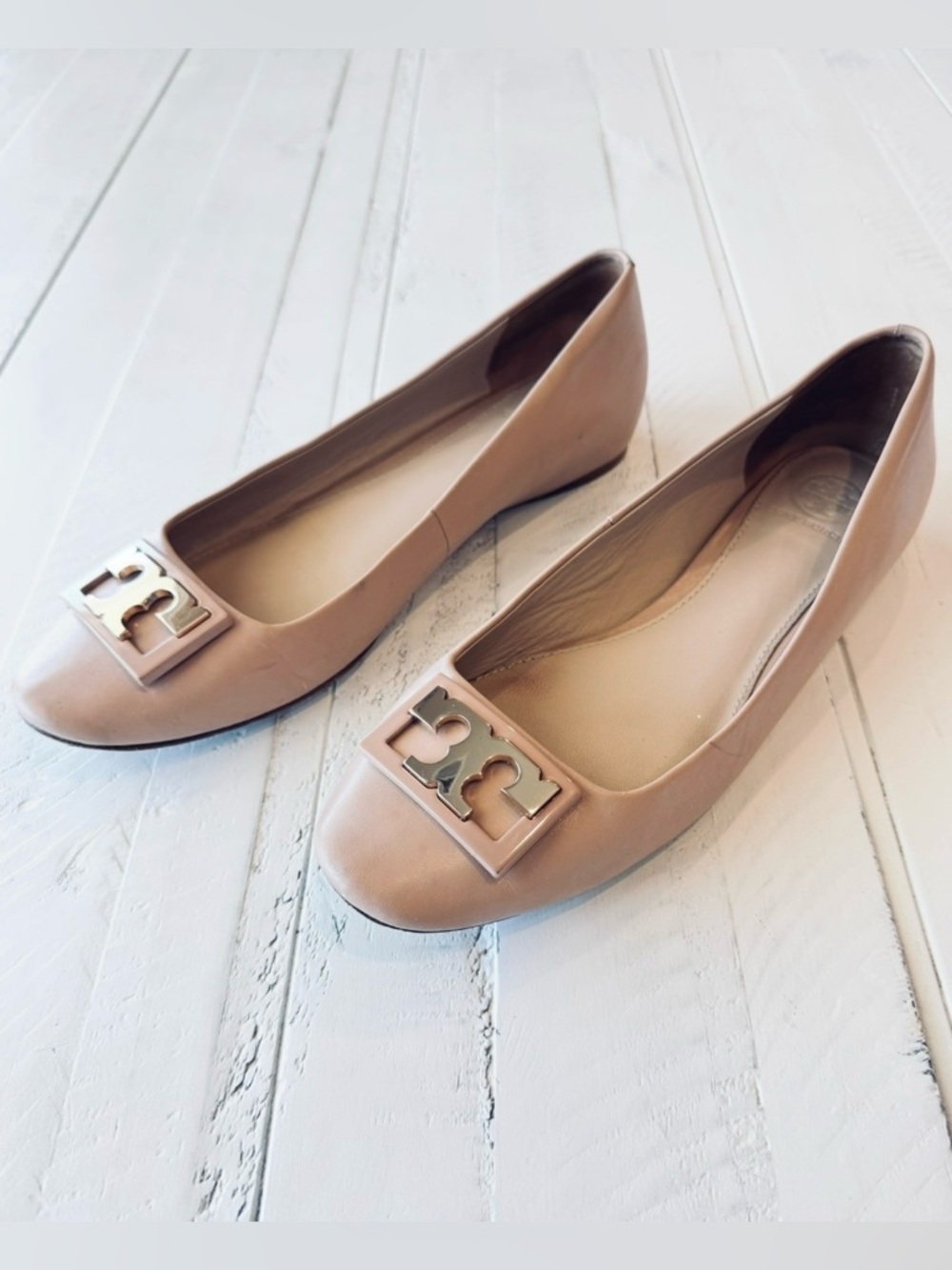 Tory Burch Ballet Flats Leather Logo Beige Size 8M - Picture 2 of 10